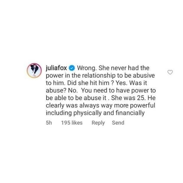 Julia Fox's Instagram Comment 