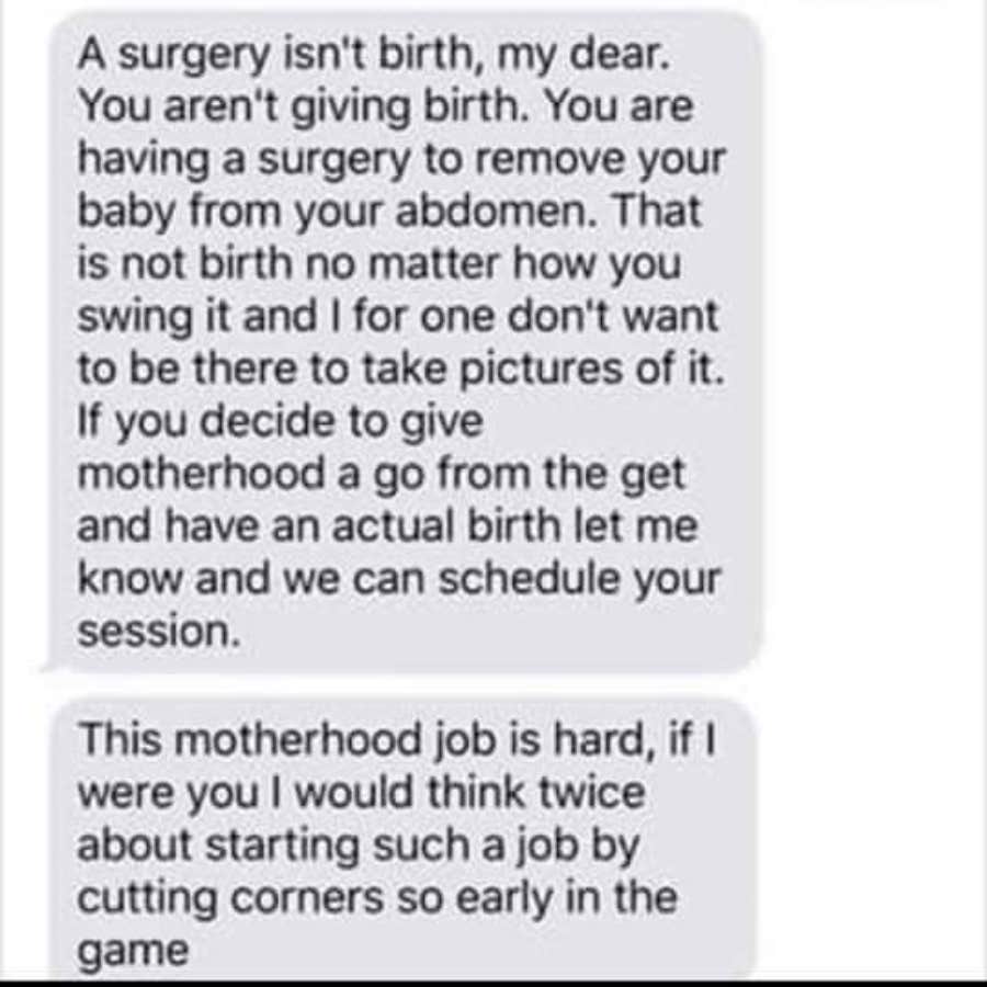 birth photographer refuses to shoot new mom after claiming having c-section is not giving birth