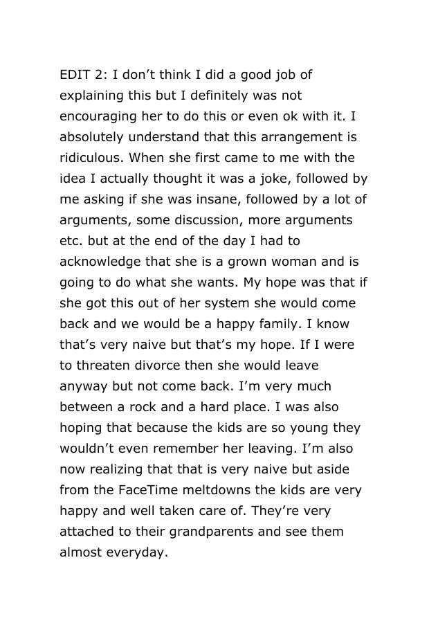 An edit of a Reddit post where the user explains that he's aware the situation is ridiculous but hopes that his wife's move can give her peace of mind. The user also clarifies that other than on FaceTime, his two children are very happy and cared for.