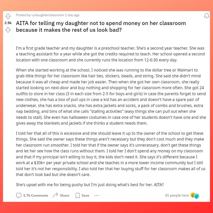 mom tells her teacher daughter she's making other educators look bad by buying unnecessary items for her classroom