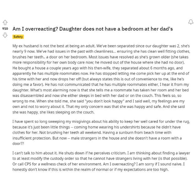 mom worried about daughter not having a bedroom at her dad's house