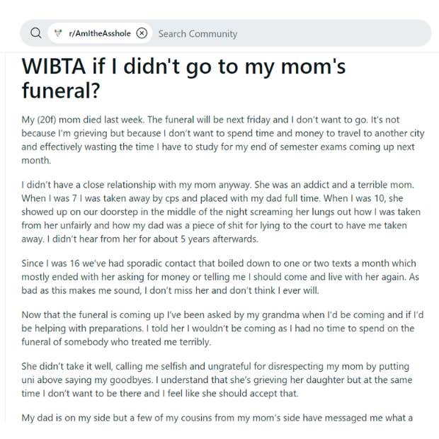 daughter won't go to mom's funeral