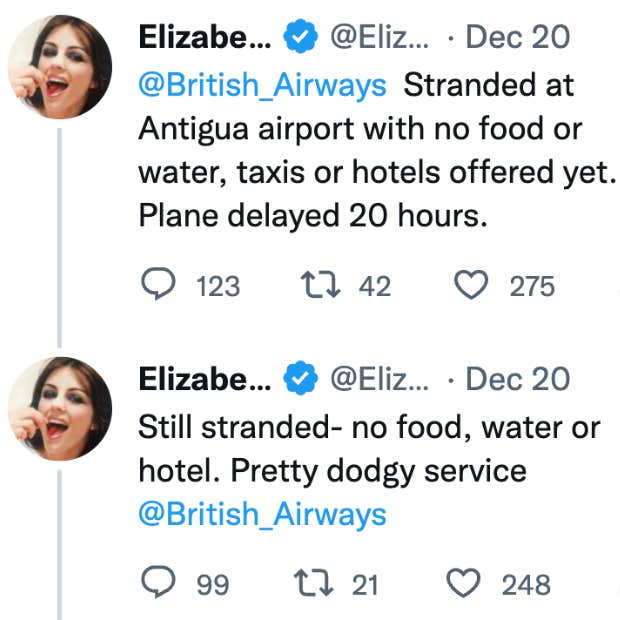 Tweets from Elizabeth Hurley criticizing British Airways over 12-hour Antigua airport delay Tweets from Elizabeth Hurley criticizing British Airways over 12-hour Antigua airport delay