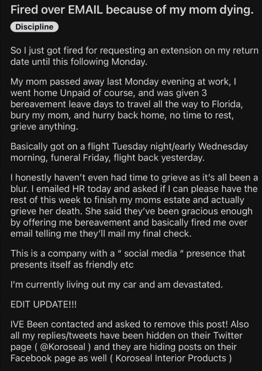 employee fired after asking for more time off to grieve his mother's passing
