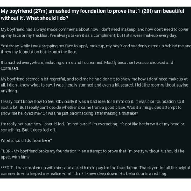 boyfriend destroyed girlfriend's makeup because he thinks she looks better