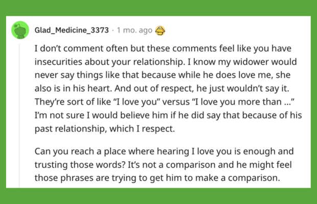 woman dating a widower upset he won't call her his one and only