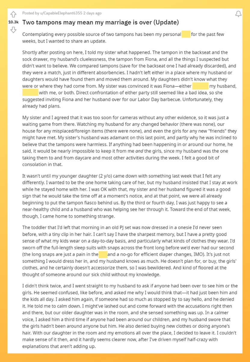 woman considers ending marriage after finding tampons that aren't hers in her husband's car