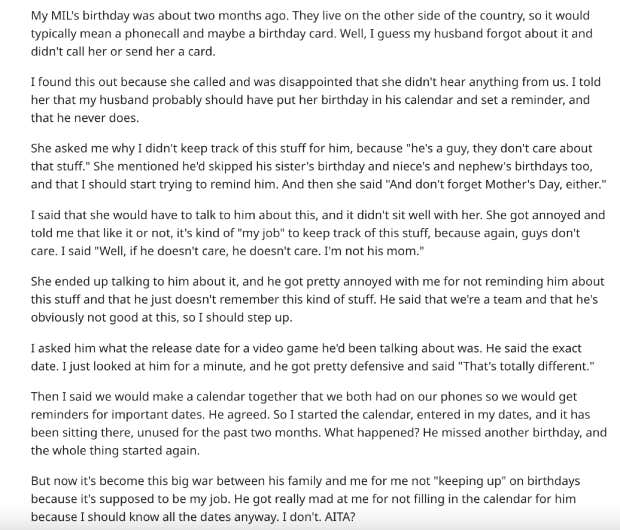 reddit woman accused of not doing her job to remind her husband of important dates