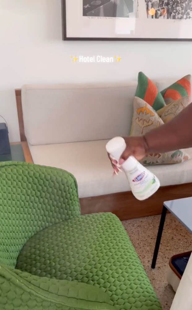 screenshot from woman's tiktok story of cleaning hotel rooms after checking in