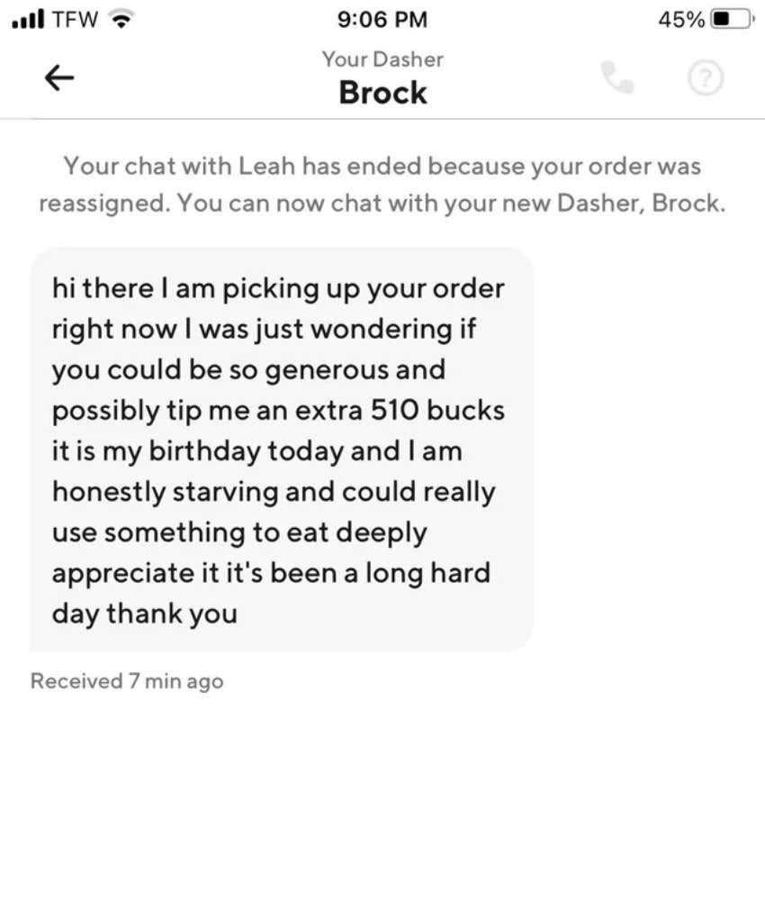 DoorDash Driver Asks Customer For An Additional Tip Since It's His Birthday