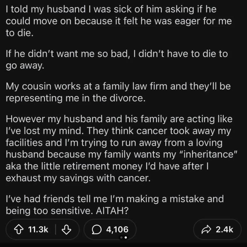 wife divorces husband after he asks permission to move on with someone else when she dies